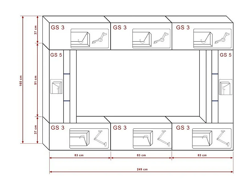 Zwart woonkamermeubelset, zwevend, collectie CEPTO XXVIII. 249cm, 8 meubelstukken, ledverlichting, modulair.