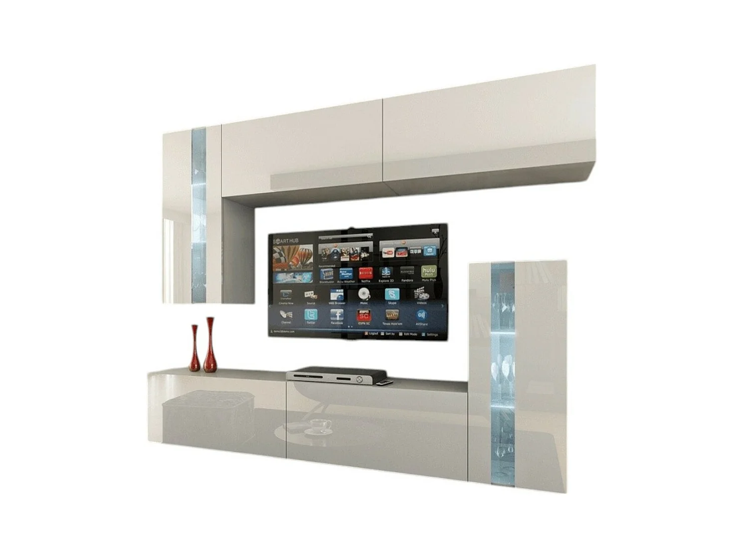 Ensemble de meubles de salon blanc, suspendus collection CEPTO XXX. 203cm, 6 meubles, leds, modulables.