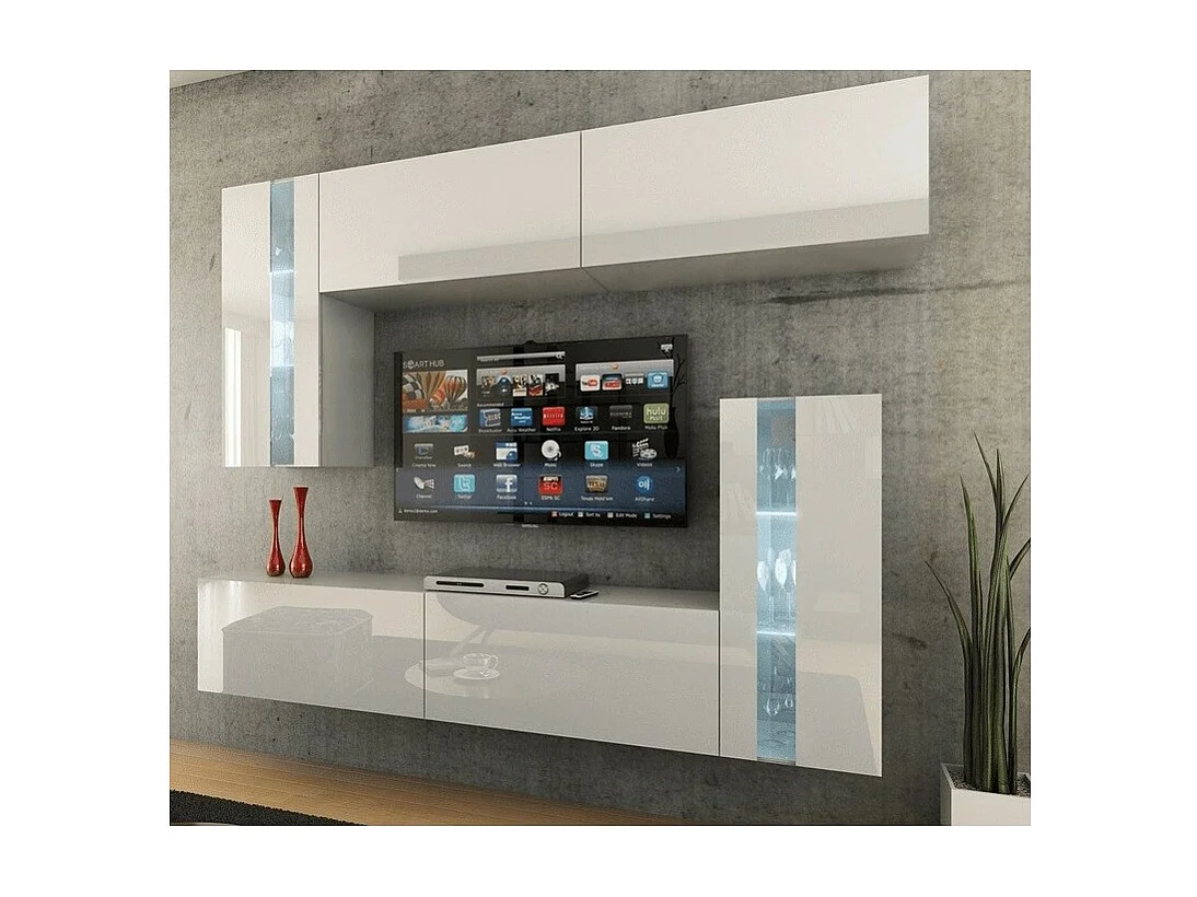 Ensemble de meubles de salon blanc, suspendus collection CEPTO XXX. 203cm, 6 meubles, leds, modulables.