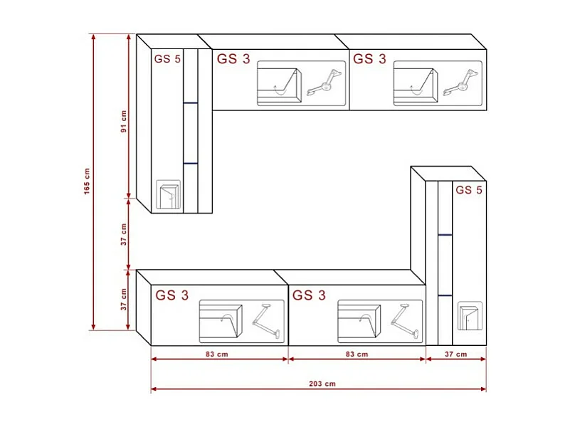 Ensemble de meubles de salon blanc, suspendus collection CEPTO XXX. 203cm, 6 meubles, leds, modulables.