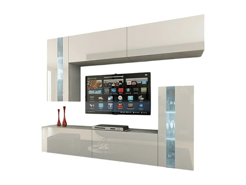 Ensemble de meubles de salon blanc, suspendus collection CEPTO XXX. 203cm, 6 meubles, leds, modulables.