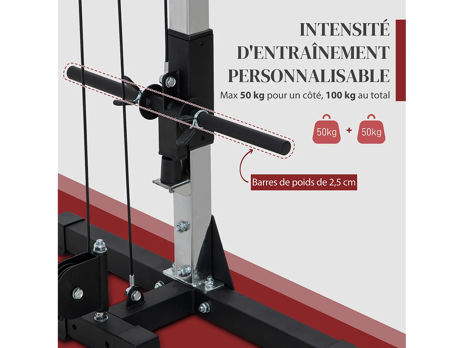 Appareil de musculation double poulie vis à vis crossover - charge libre avec haltère 2 x 50 Kg - acier gris noir