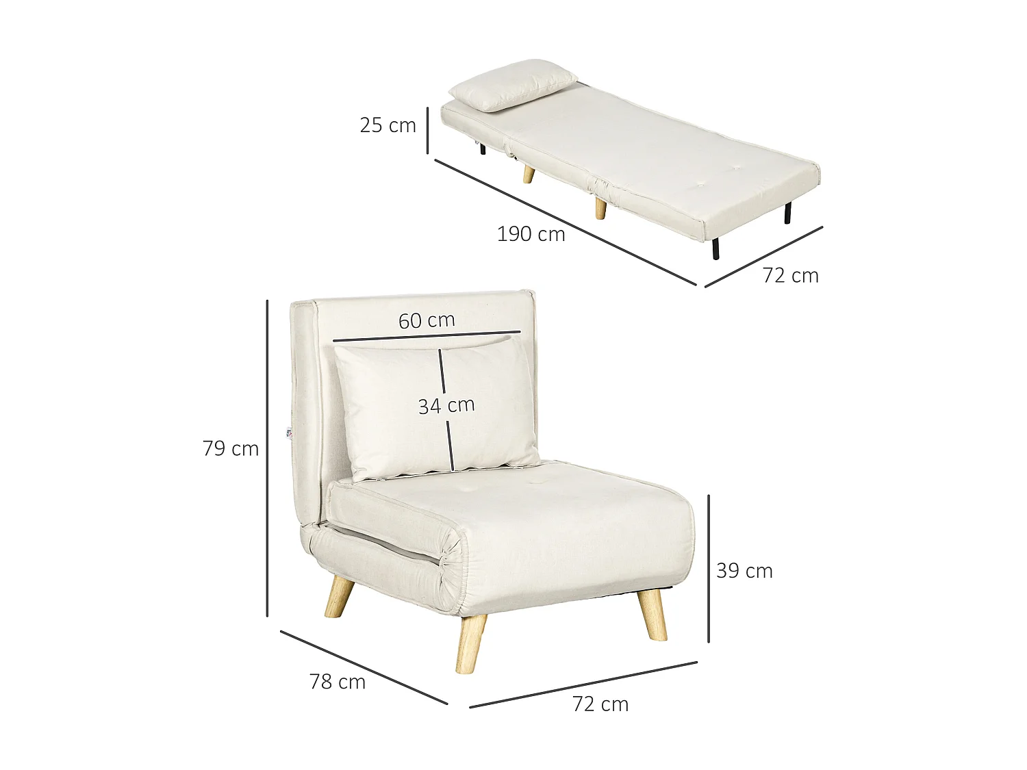 Fauteuil chauffeuse canapé-lit convertible 1 place - coussin inclus - style scandinave tissu beige clair
