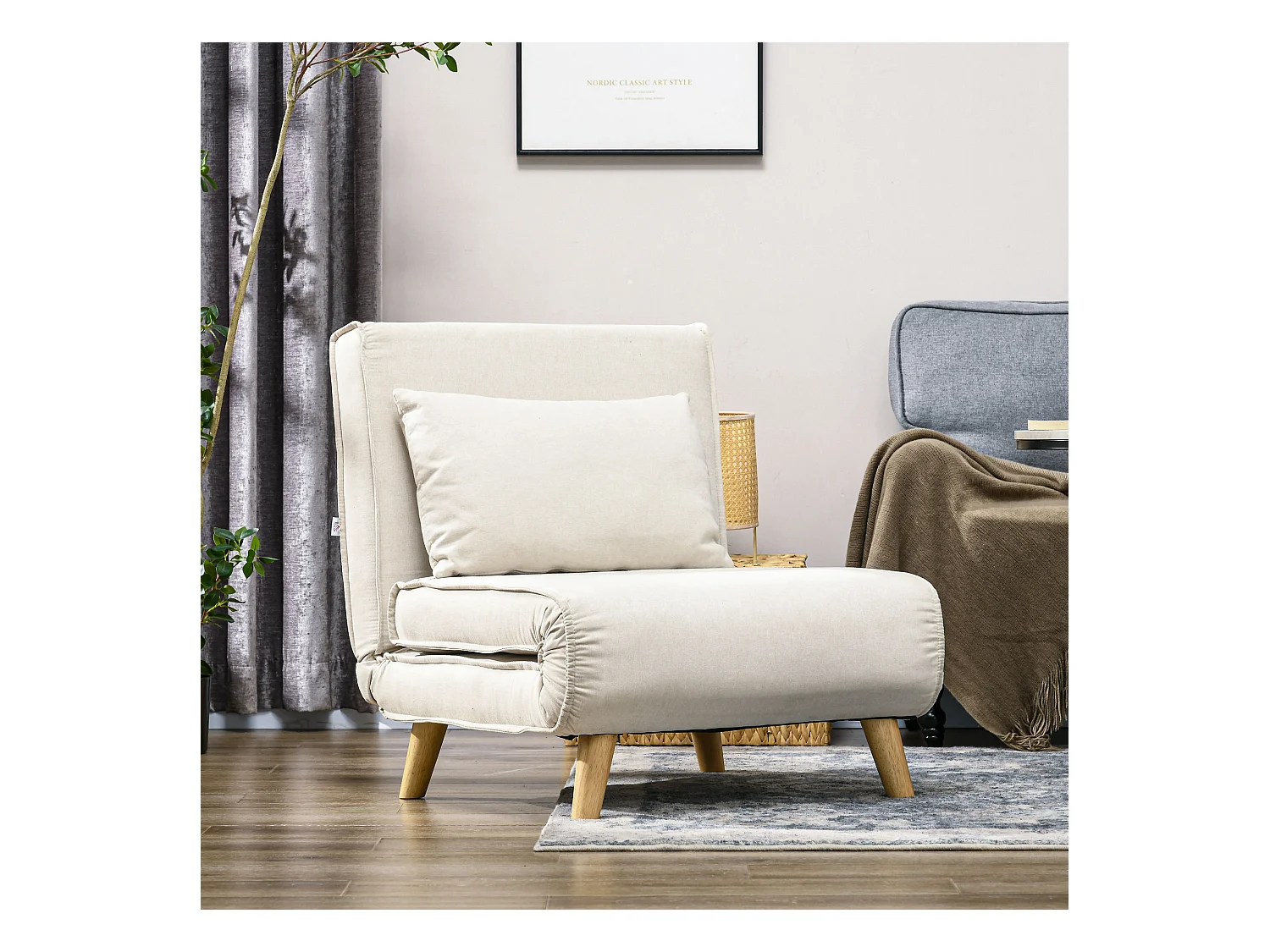 Fauteuil chauffeuse canapé-lit convertible 1 place - coussin inclus - style scandinave tissu beige clair