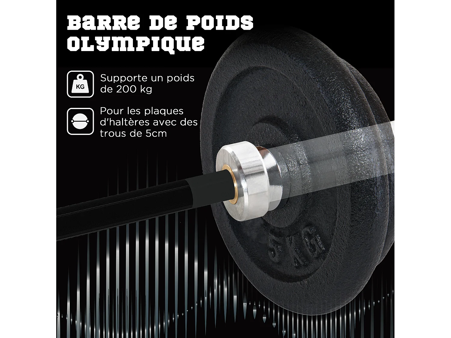 Barre d'haltères en acier 180 cm Ø 50 mm avec 2 pinces charge max. 200 Kg