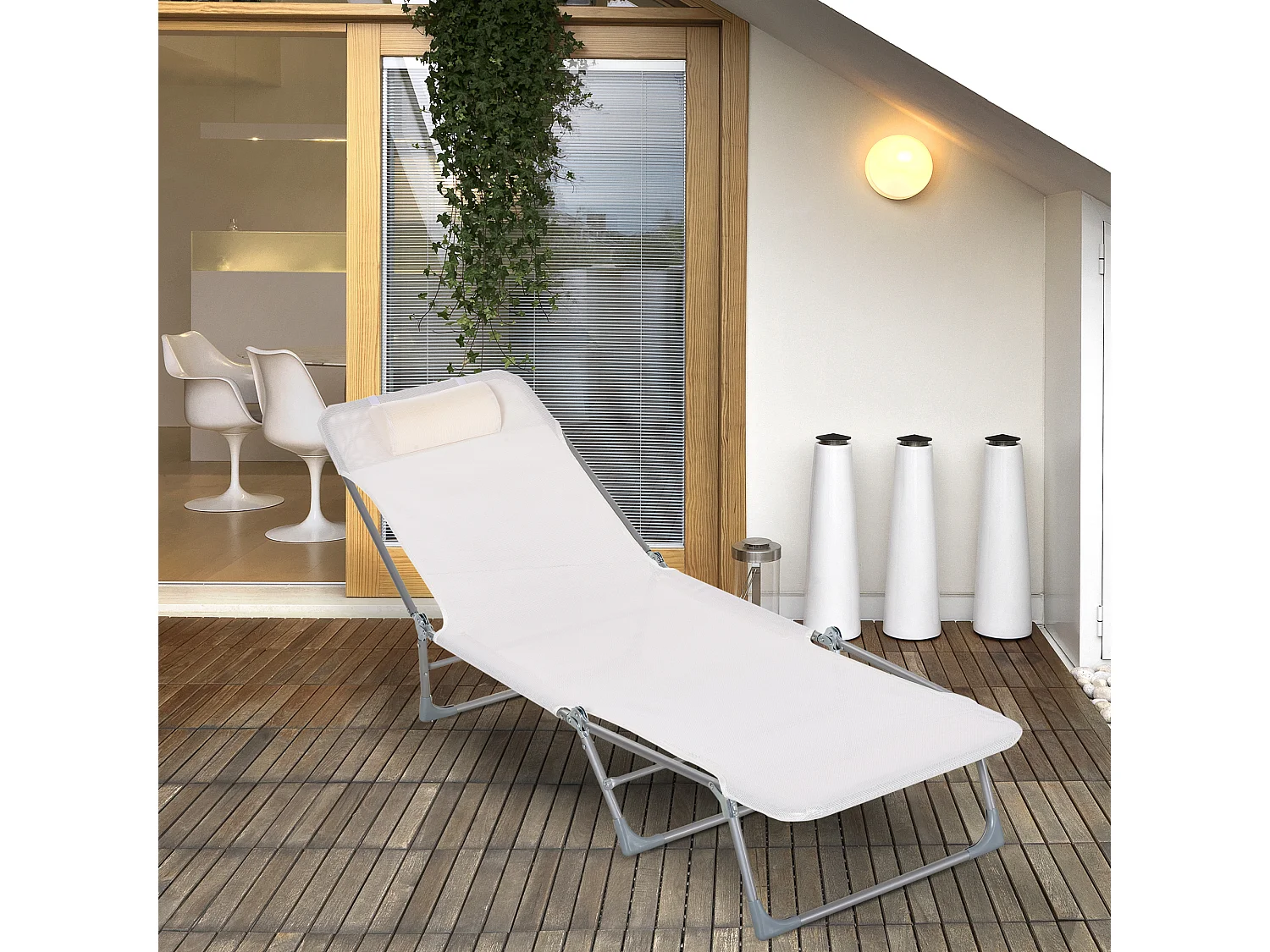 Bain de soleil transat pliable dossier réglable 5 positions acier teslin crème