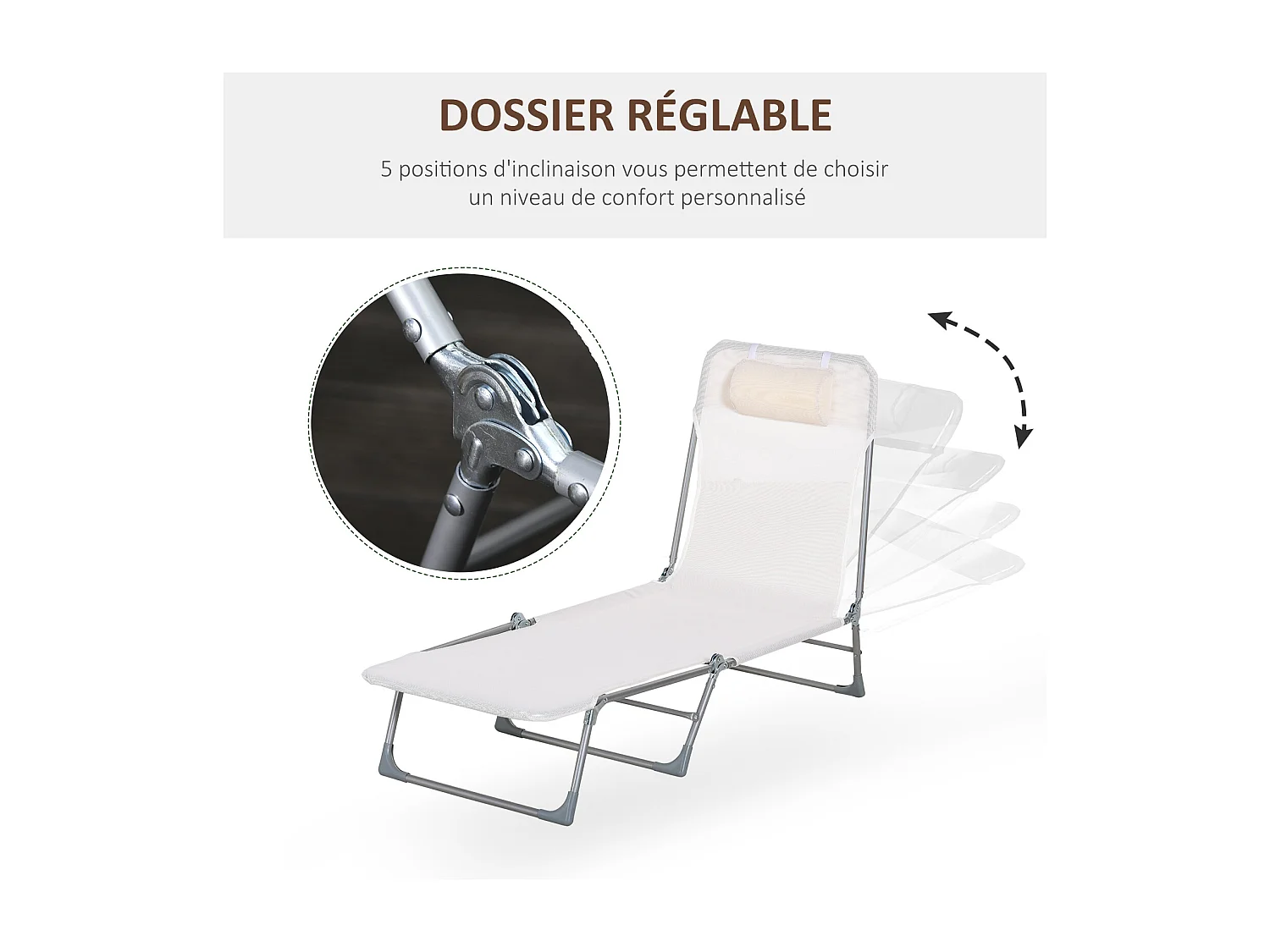 Bain de soleil transat pliable dossier réglable 5 positions acier teslin crème