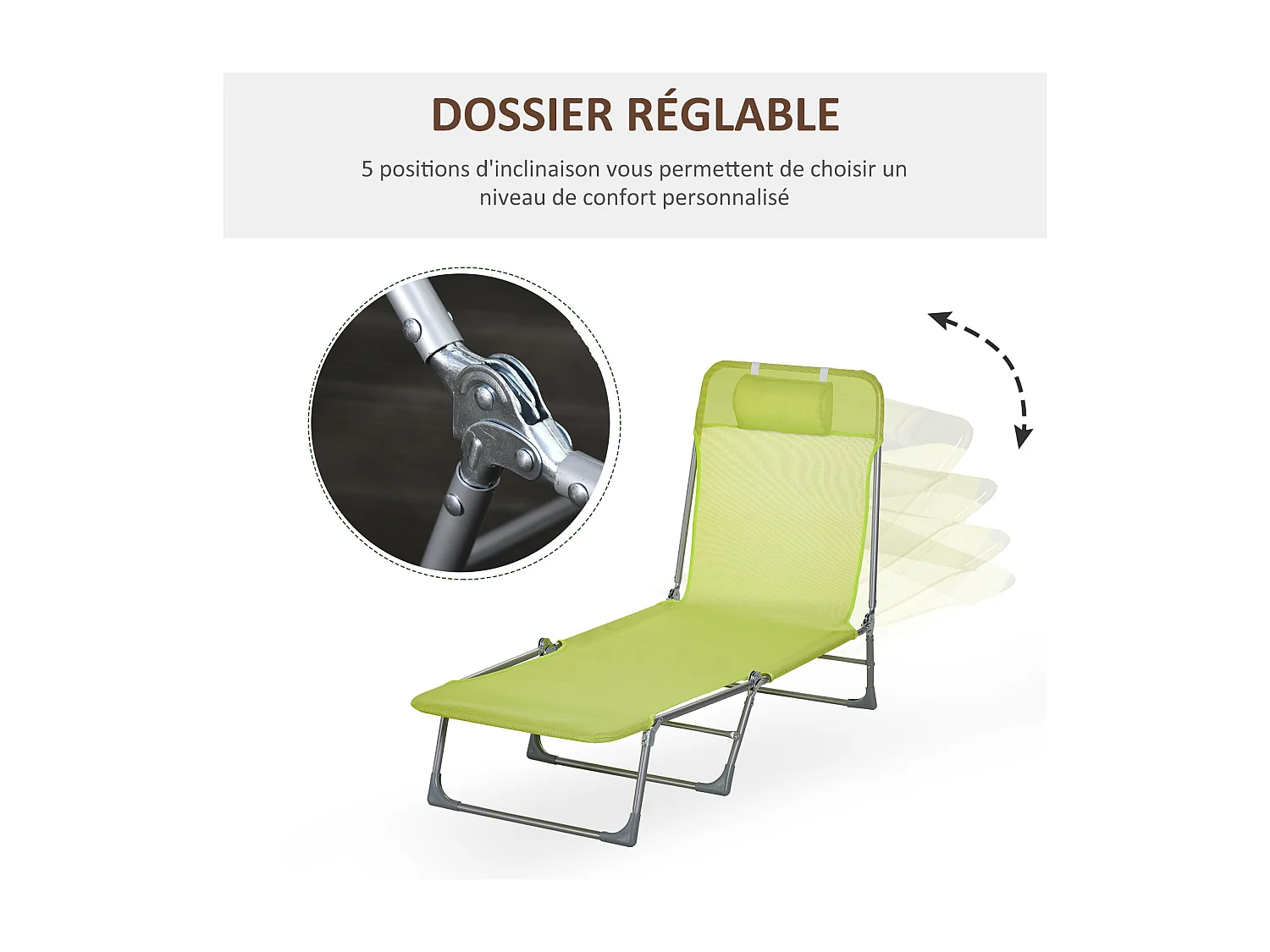 Bain de soleil transat pliable dossier réglable 5 positions acier teslin vert