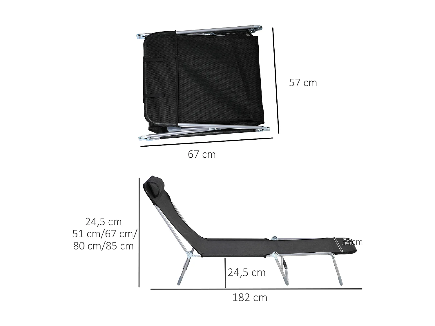 Bain de soleil transat pliable dossier réglable 5 positions acier teslin noir