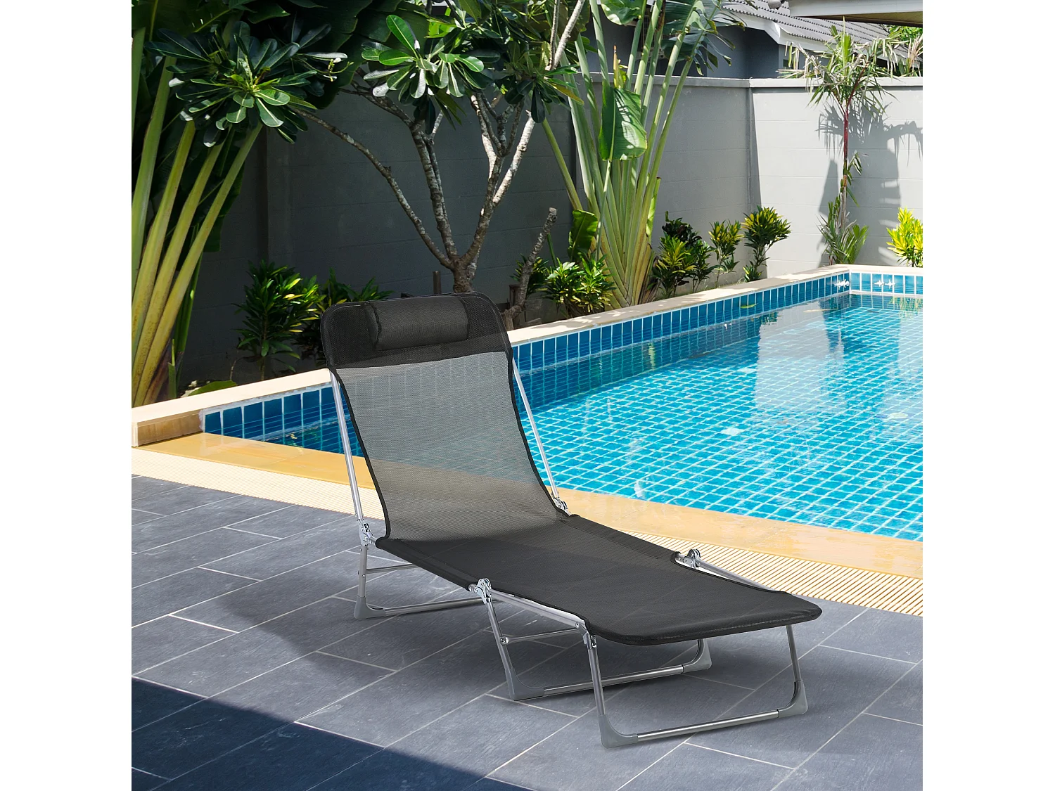 Bain de soleil transat pliable dossier réglable 5 positions acier teslin noir