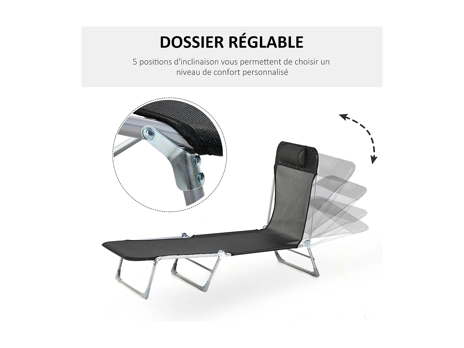 Bain de soleil transat pliable dossier réglable 5 positions acier teslin noir