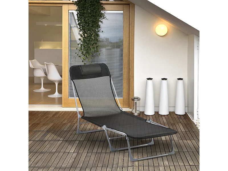 Bain de soleil transat pliable dossier réglable 5 positions acier teslin noir