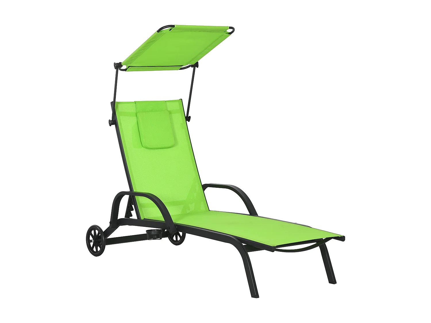 Bain de soleil transat inclinable pare-soleil réglable roulettes acier textilène vert