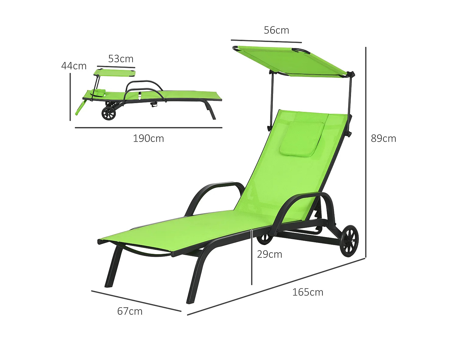 Bain de soleil transat inclinable pare-soleil réglable roulettes acier textilène vert