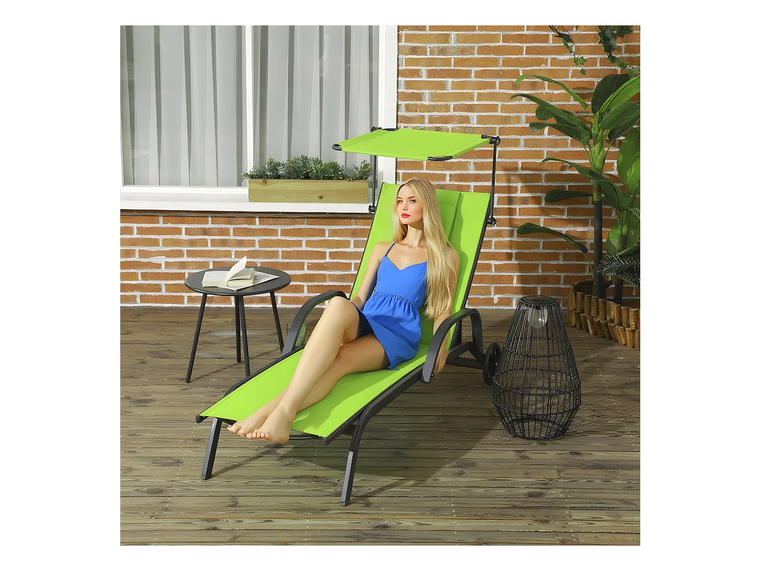 Bain de soleil transat inclinable pare-soleil réglable roulettes acier textilène vert