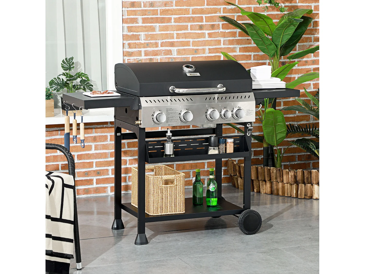 Barbecue à gaz 4+1 - 12,5 kW - 2 roues, étagères, thermomètre, décapsuleur, crochets - acier inox noir