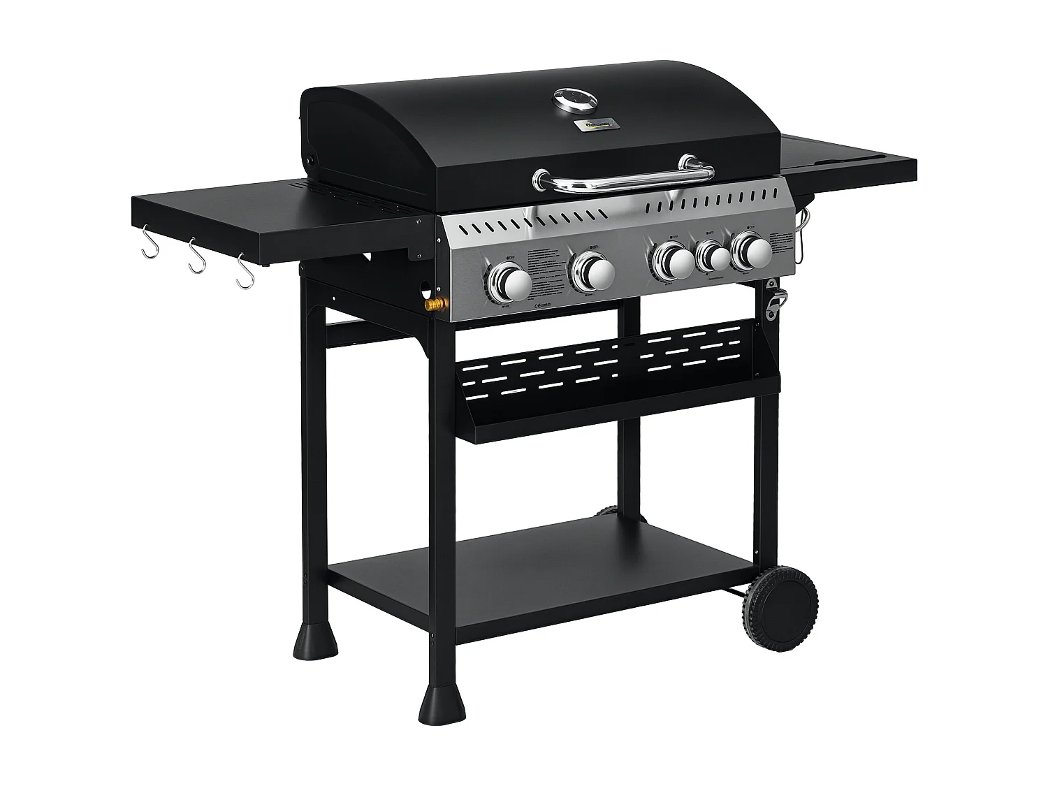 Barbecue à gaz 4+1 - 12,5 kW - 2 roues, étagères, thermomètre, décapsuleur, crochets - acier inox noir