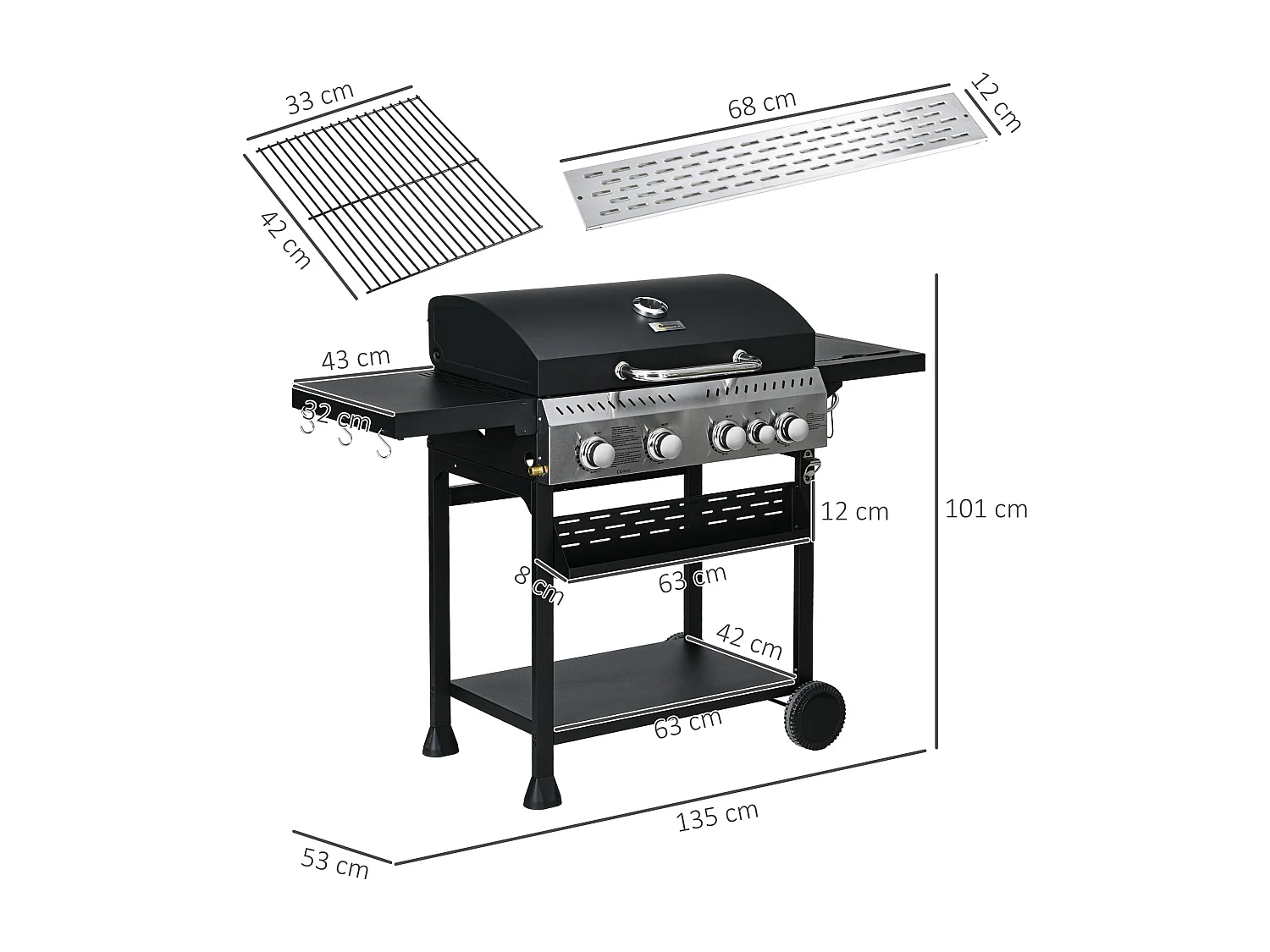 Barbecue à gaz 4+1 - 12,5 kW - 2 roues, étagères, thermomètre, décapsuleur, crochets - acier inox noir