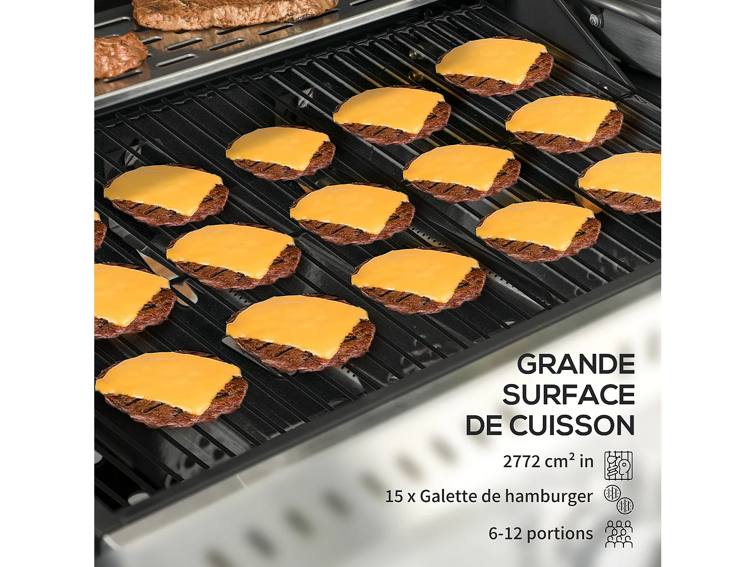 Barbecue à gaz 4+1 - 12,5 kW - 2 roues, étagères, thermomètre, décapsuleur, crochets - acier inox noir