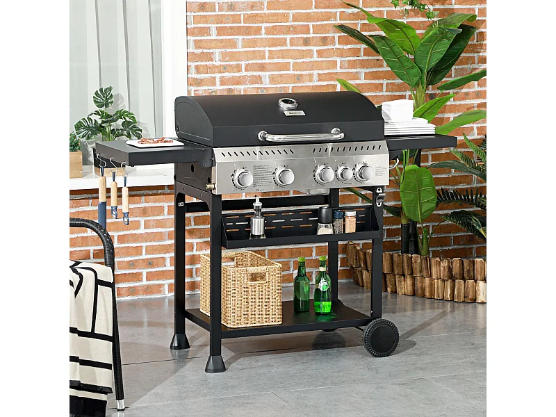 Barbecue à gaz 4+1 - 12,5 kW - 2 roues, étagères, thermomètre, décapsuleur, crochets - acier inox noir
