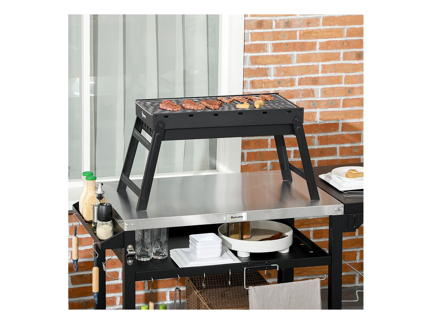Barbecue à charbon de bois pliable portable dim. 74L x 30l x 37H cm avec grille acier noir