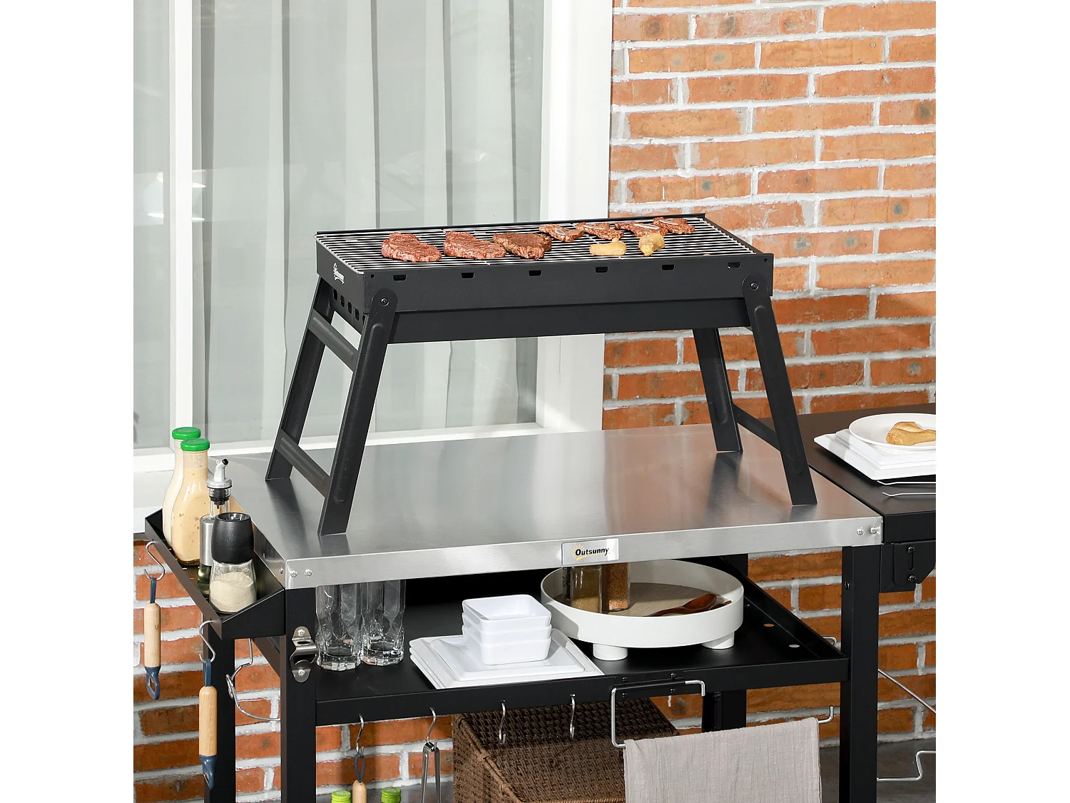 Barbecue à charbon de bois pliable portable dim. 74L x 30l x 37H cm avec grille acier noir