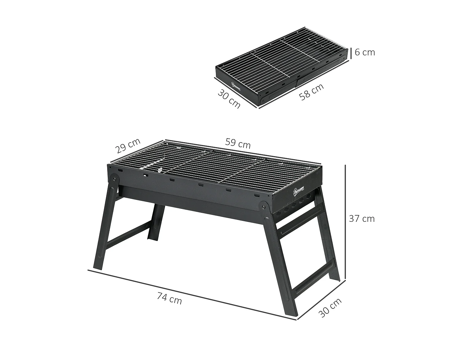 Barbecue à charbon de bois pliable portable dim. 74L x 30l x 37H cm avec grille acier noir