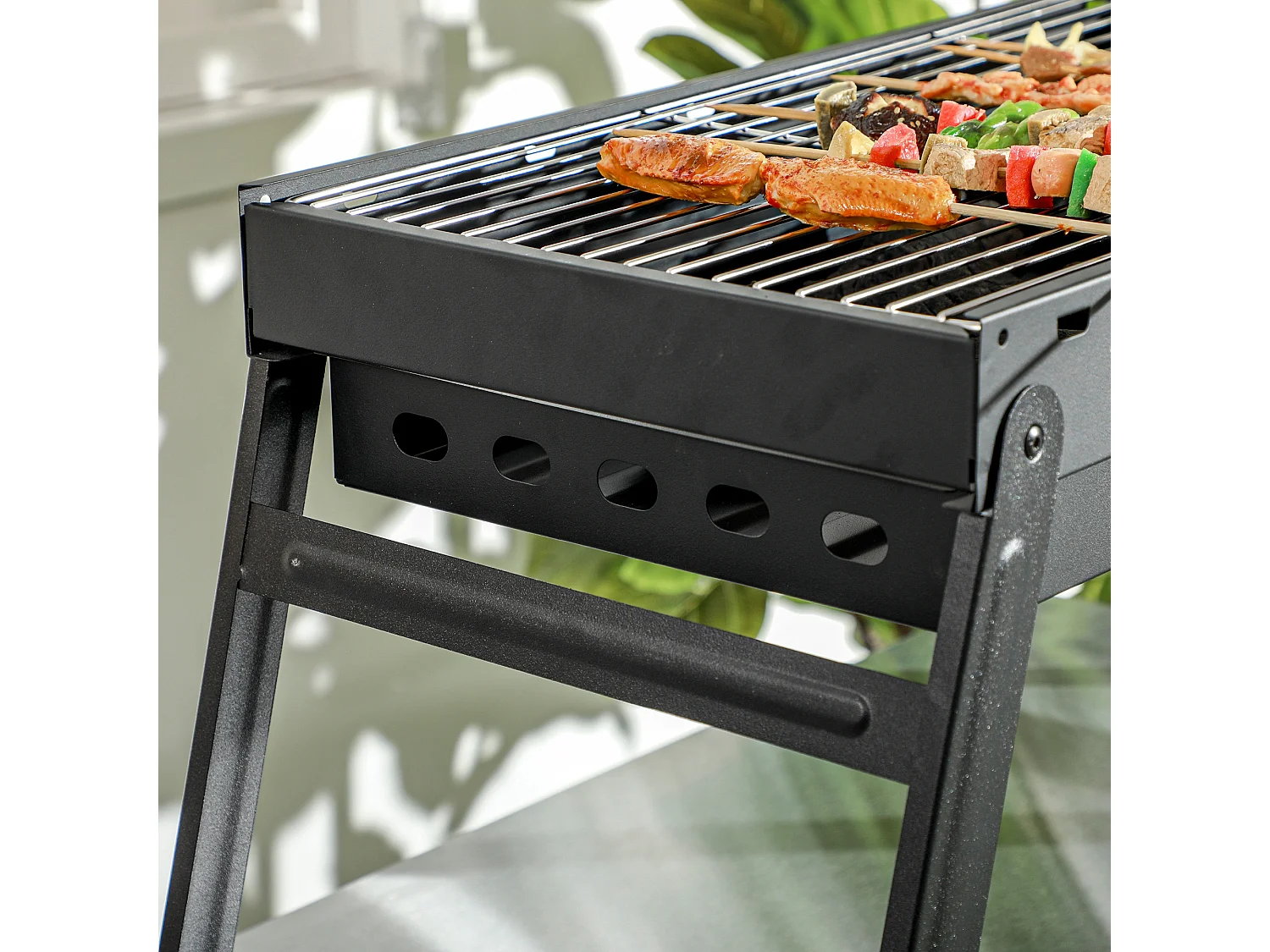 Barbecue à charbon de bois pliable portable dim. 74L x 30l x 37H cm avec grille acier noir