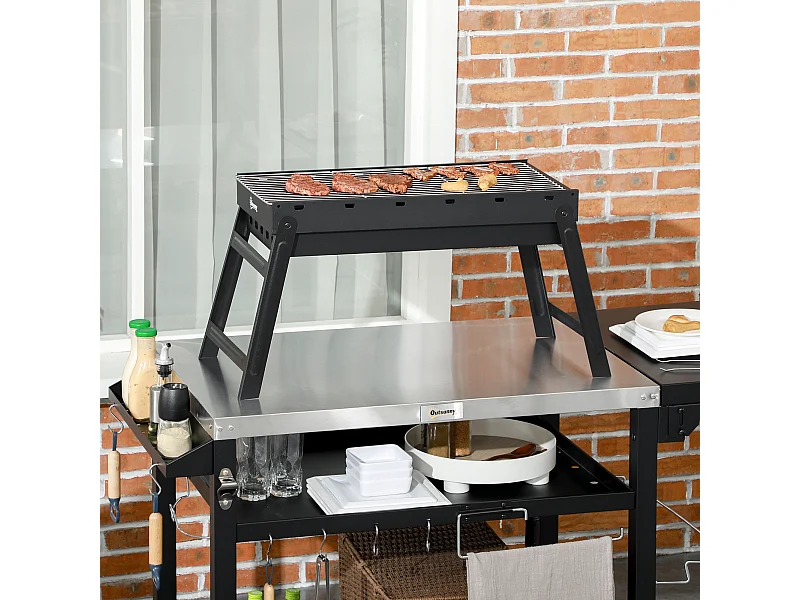 Barbecue à charbon de bois pliable portable dim. 74L x 30l x 37H cm avec grille acier noir