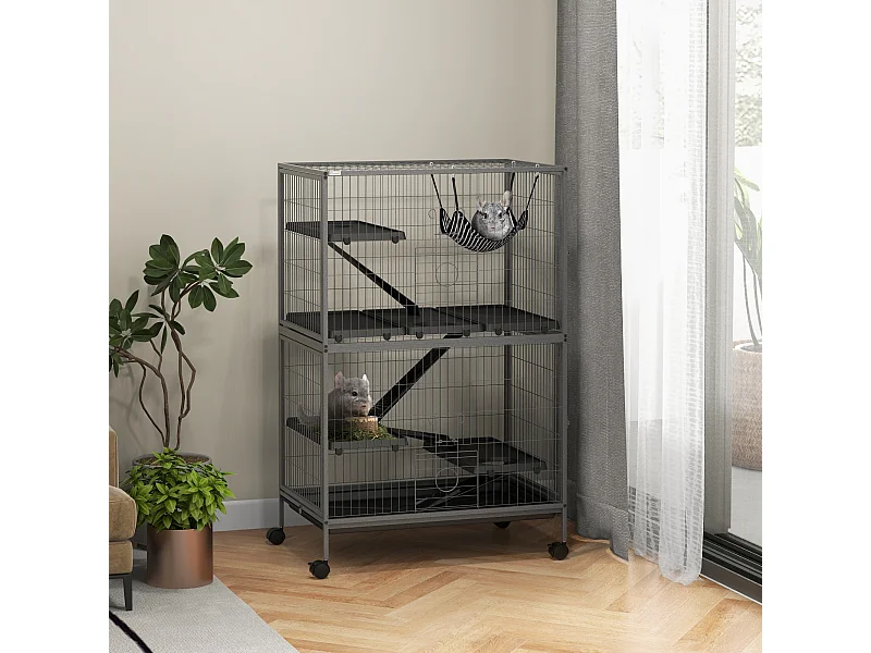 Cage pour rongeurs furet chinchilla 4 plateformes 3 rampes 4 portes hamac plateau acier gris noir