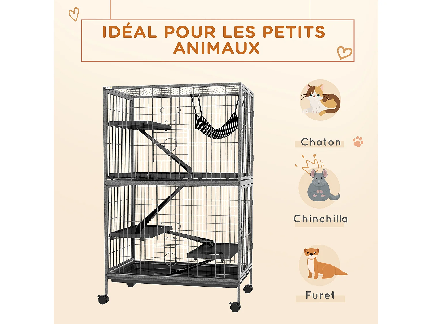 Cage pour rongeurs furet chinchilla 4 plateformes 3 rampes 4 portes hamac plateau acier gris noir