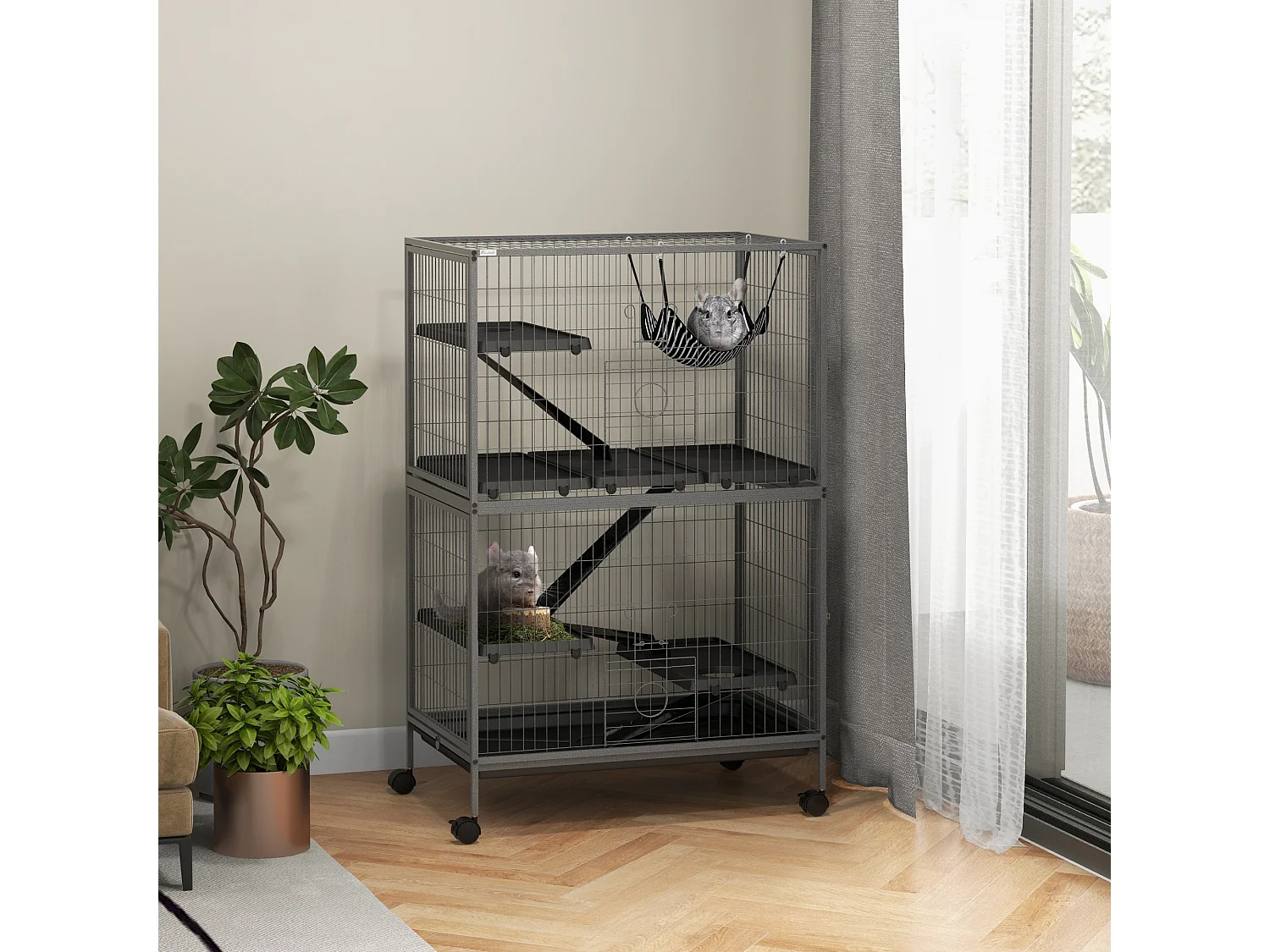 Cage pour rongeurs furet chinchilla 4 plateformes 3 rampes 4 portes hamac plateau acier gris noir