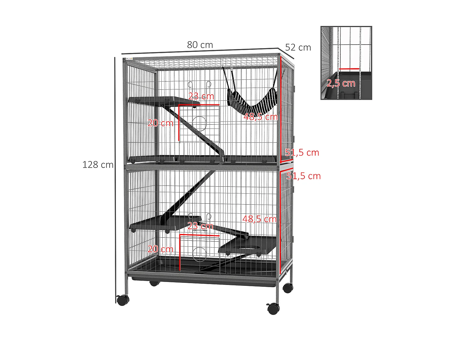 Cage pour rongeurs furet chinchilla 4 plateformes 3 rampes 4 portes hamac plateau acier gris noir