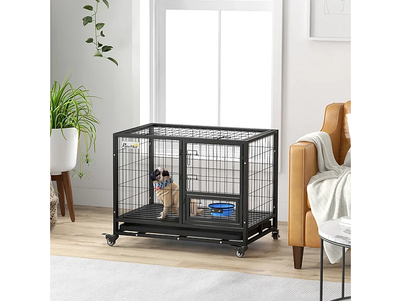 Cage pour chien sur roulettes 2 portes verrouillables - support gamelle, plateau amovible - acier noir