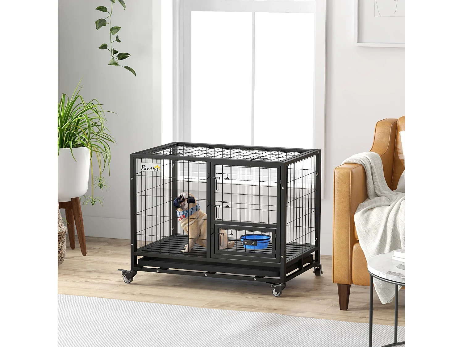 Cage pour chien sur roulettes 2 portes verrouillables - support gamelle, plateau amovible - acier noir