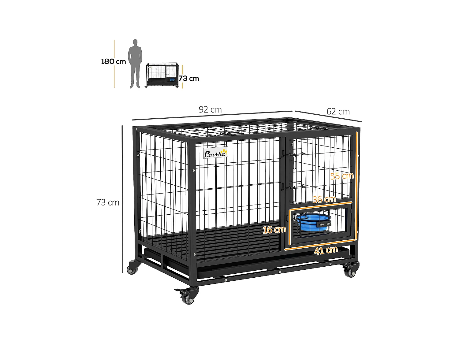 Cage pour chien sur roulettes 2 portes verrouillables - support gamelle, plateau amovible - acier noir