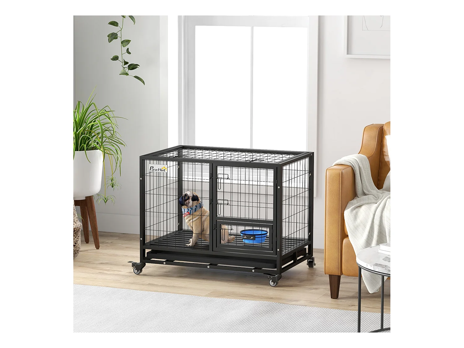 Cage pour chien sur roulettes 2 portes verrouillables - support gamelle, plateau amovible - acier noir