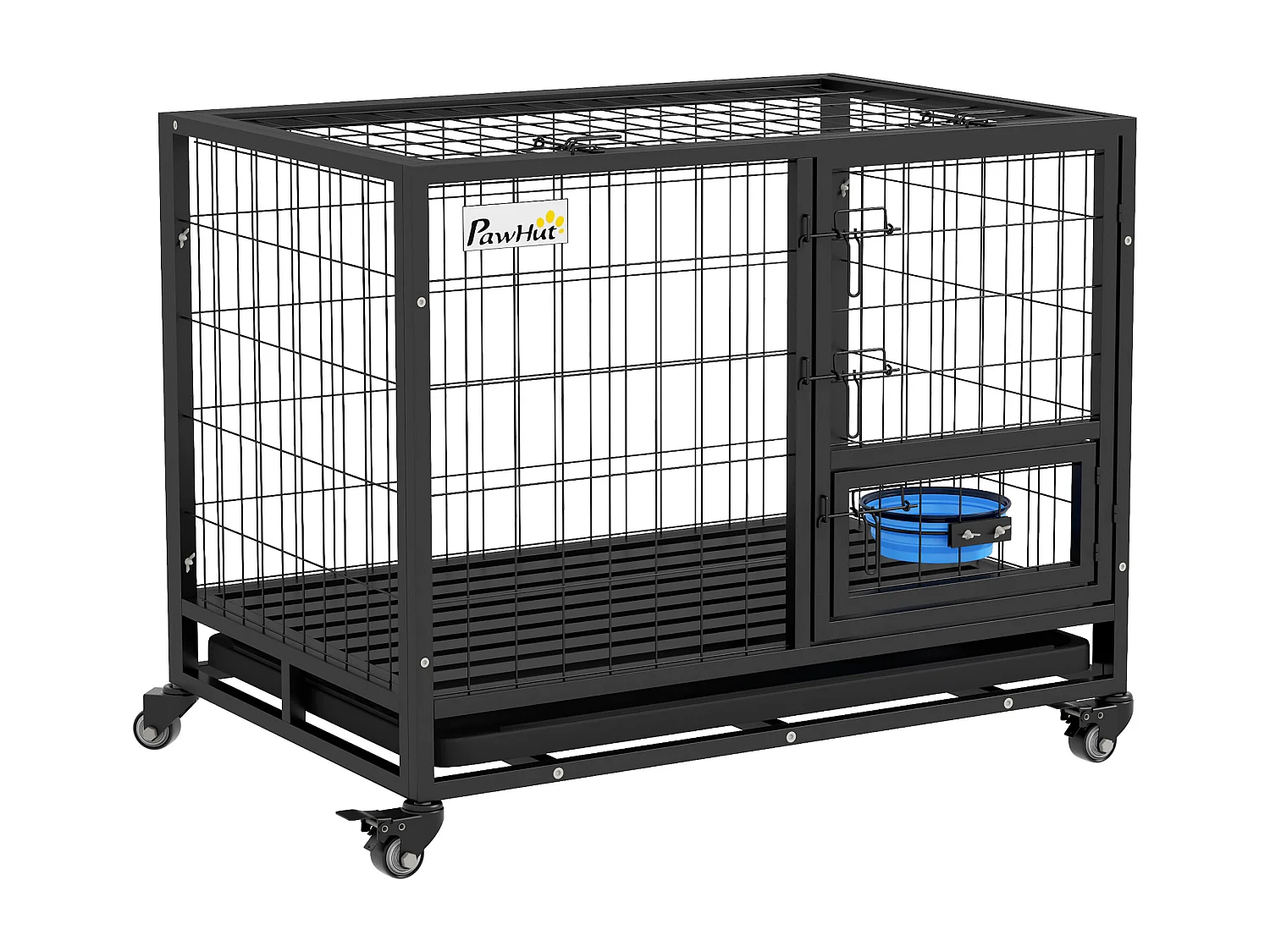 Cage pour chien sur roulettes 2 portes verrouillables - support gamelle, plateau amovible - acier noir