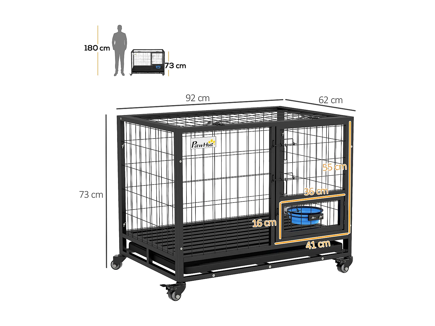 Cage pour chien sur roulettes 2 portes verrouillables - support gamelle, plateau amovible - acier noir
