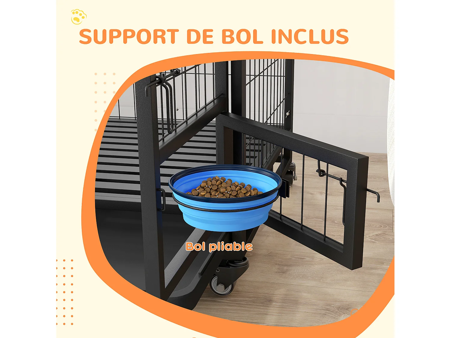 Cage pour chien sur roulettes 2 portes verrouillables - support gamelle, plateau amovible - acier noir