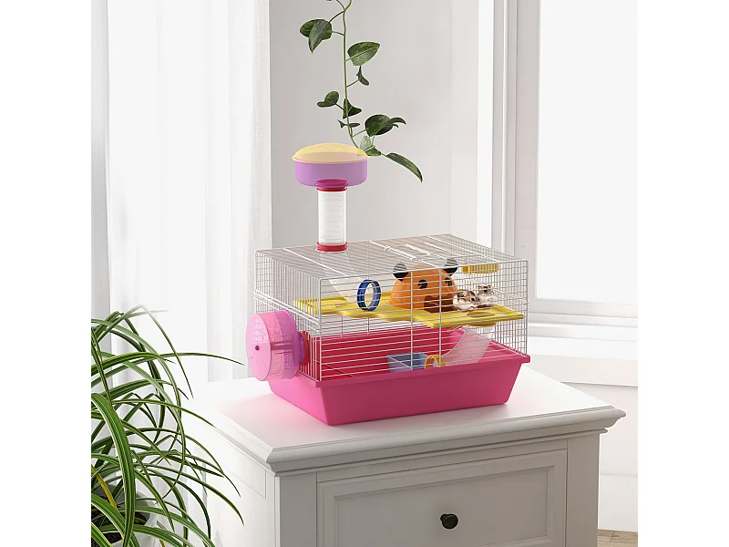 Cage à hamster rat rongeur - plateforme, biberon eau, roue, maisonnette, tubes - acier blanc PP rose