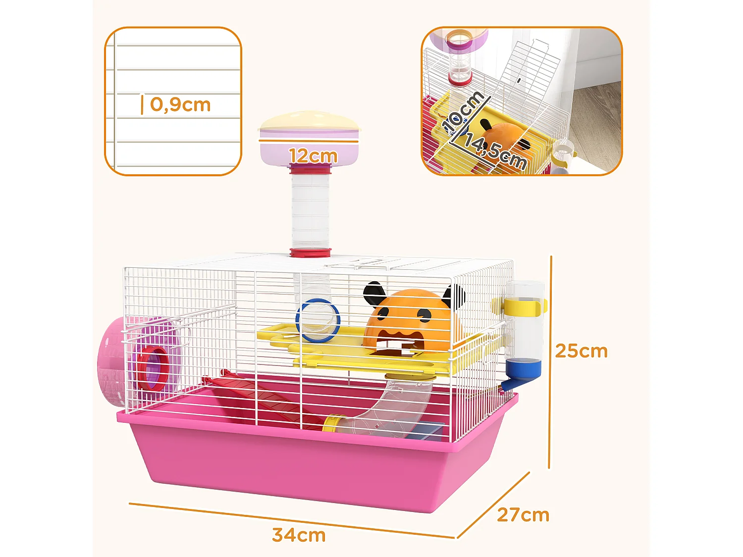 Cage à hamster rat rongeur - plateforme, biberon eau, roue, maisonnette, tubes - acier blanc PP rose