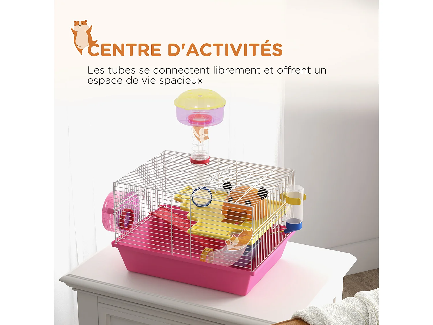 Cage à hamster rat rongeur - plateforme, biberon eau, roue, maisonnette, tubes - acier blanc PP rose
