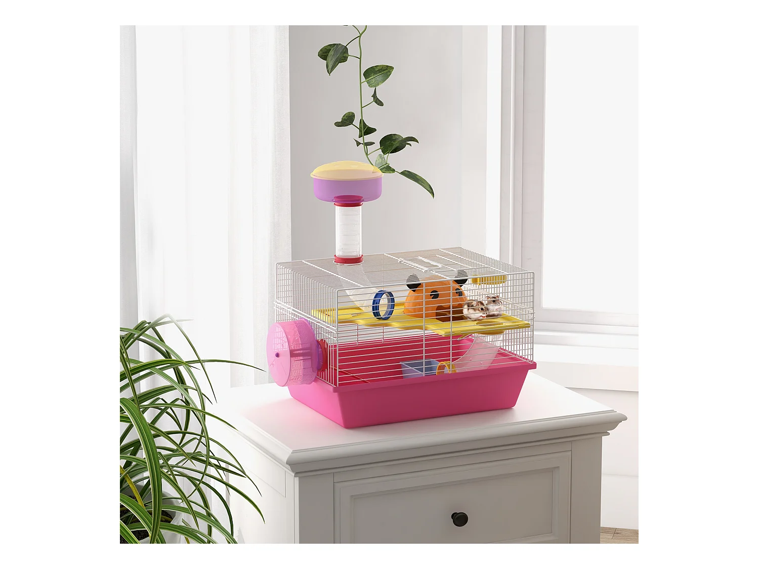 Cage à hamster rat rongeur - plateforme, biberon eau, roue, maisonnette, tubes - acier blanc PP rose