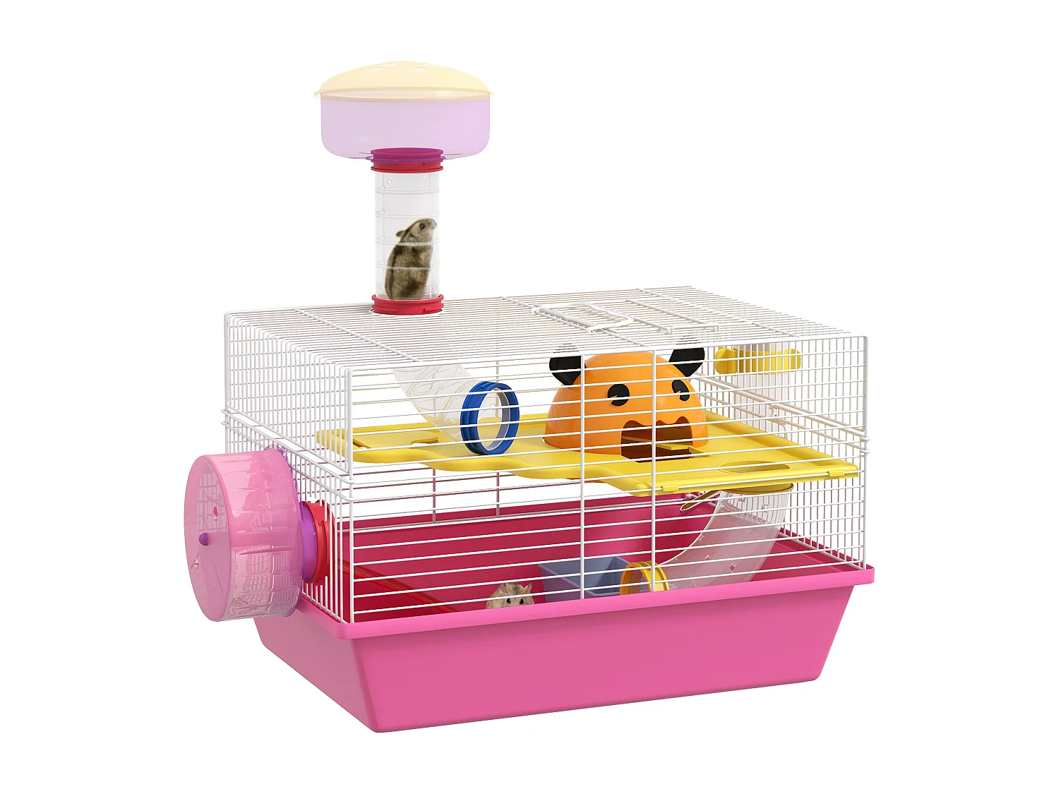 Cage à hamster rat rongeur - plateforme, biberon eau, roue, maisonnette, tubes - acier blanc PP rose