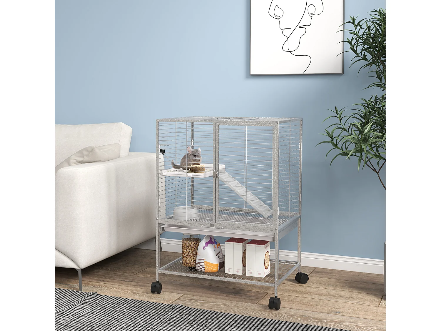 Cage pour rongeurs furet chinchilla plateforme rampe 2 portes biberon gamelle plateau étagère acier gris clair