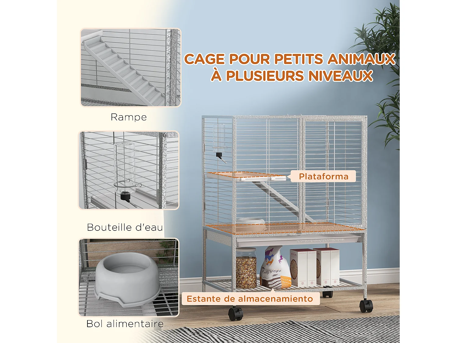 Cage pour rongeurs furet chinchilla plateforme rampe 2 portes biberon gamelle plateau étagère acier gris clair