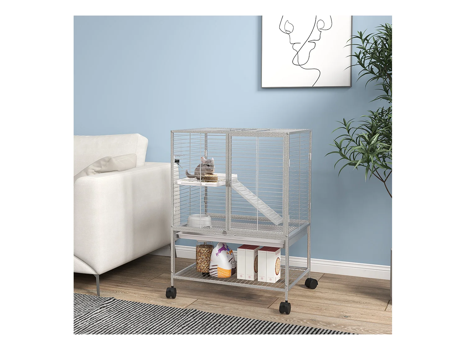 Cage pour rongeurs furet chinchilla plateforme rampe 2 portes biberon gamelle plateau étagère acier gris clair