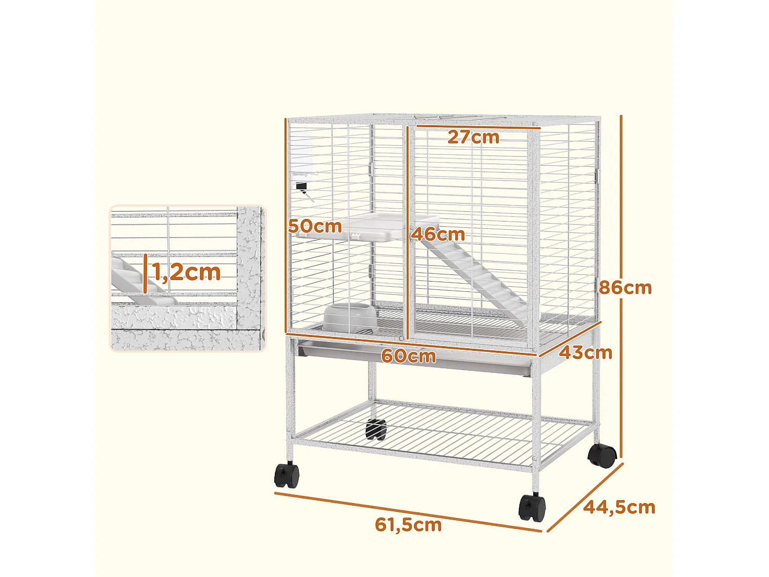 Cage pour rongeurs furet chinchilla plateforme rampe 2 portes biberon gamelle plateau étagère acier gris clair