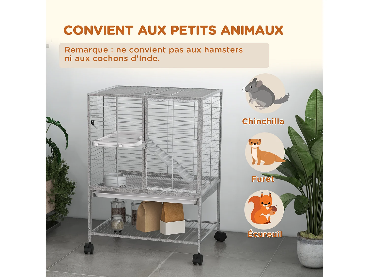 Cage pour rongeurs furet chinchilla plateforme rampe 2 portes biberon gamelle plateau étagère acier gris clair